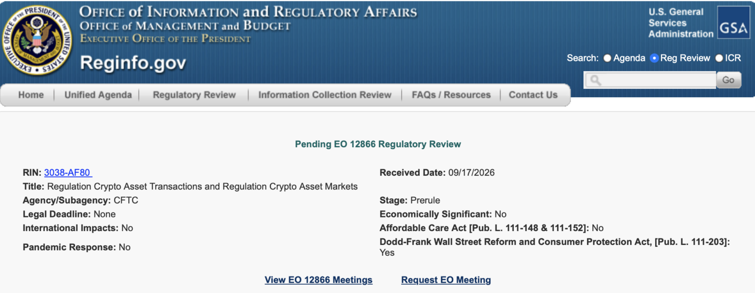 CFTC crypto market regulation enters White House review